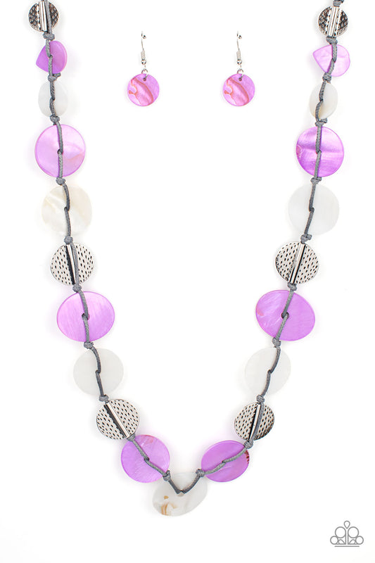 Seashore Spa - Purple & White Shell Discs/Hammered Silver Discs/Gray Cord Paparazzi Necklace & matching earrings