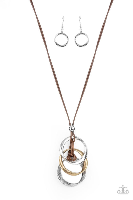 Harmonious Hardware - Brown Shiny Cording/Curved Brass & Silver Knotted Rings Pendant Paparazzi Necklace & matching earrings