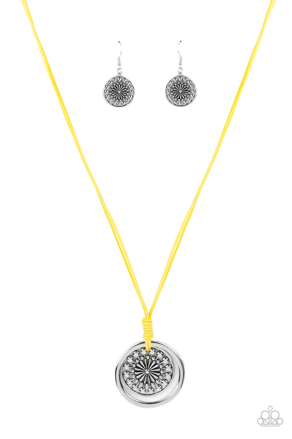 One MANDALA Show - Yellow Suede & Decorative Silver Mandala-Like Pendant Necklace & matching earrings