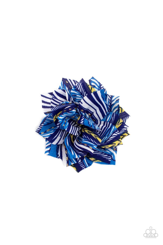 Sonic BLOOM - Blue Striped Chiffon Petals & Gold Accents Paparazzi Hair Clip