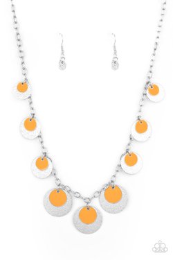 The Cosmos Are Calling - Orange Accents/Textured Silver Disc Paparazzi Necklace & matching earrings