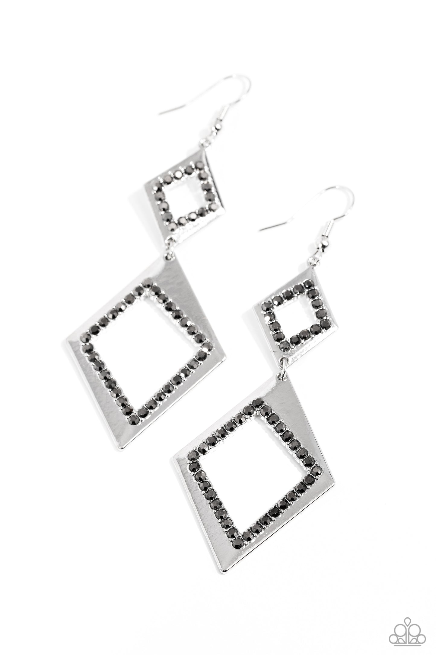 Deco Decoupage - Silver Asymmetrical Diamond Frames & Hematite Rhinestones Paparazzi Earrings