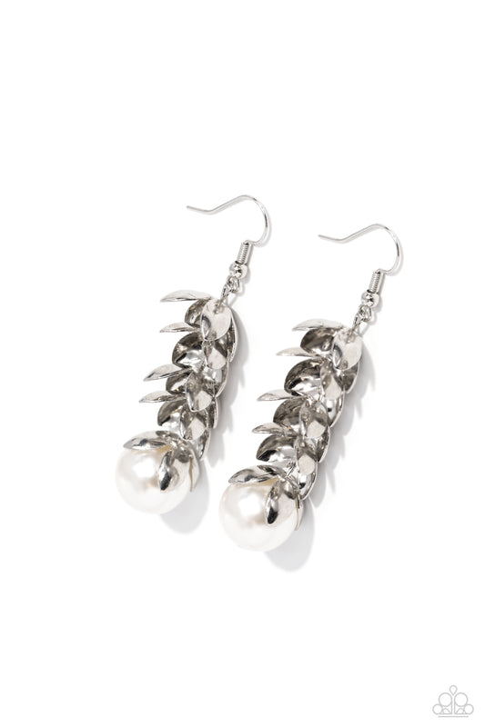 Ocean FROND Property - White Oversized Pearl & Silver Leafy Frames Paparazzi Earrings