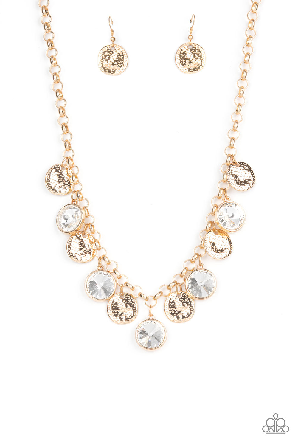 Spot On Sparkle - Gold Hammered Discs & Oversized White Gem Paparazzi Necklace & matching earrings