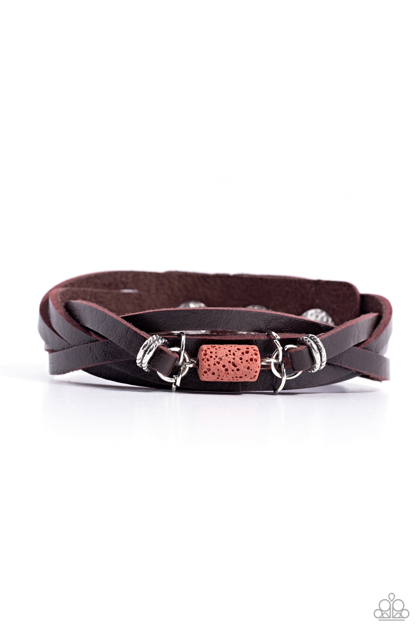 Metamorphic Monument - Red Lava Rock/Silver Rings/Braided Brown Leather Paparazzi Snap Bracelet