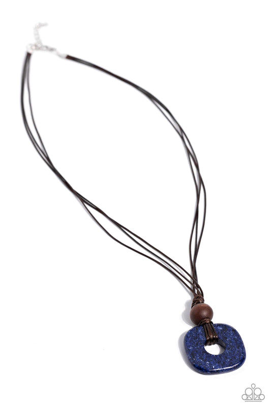 Canyon Crusade - Blue Square Pendant & Oversized Wooden Bead Paparazzi Urban Necklace