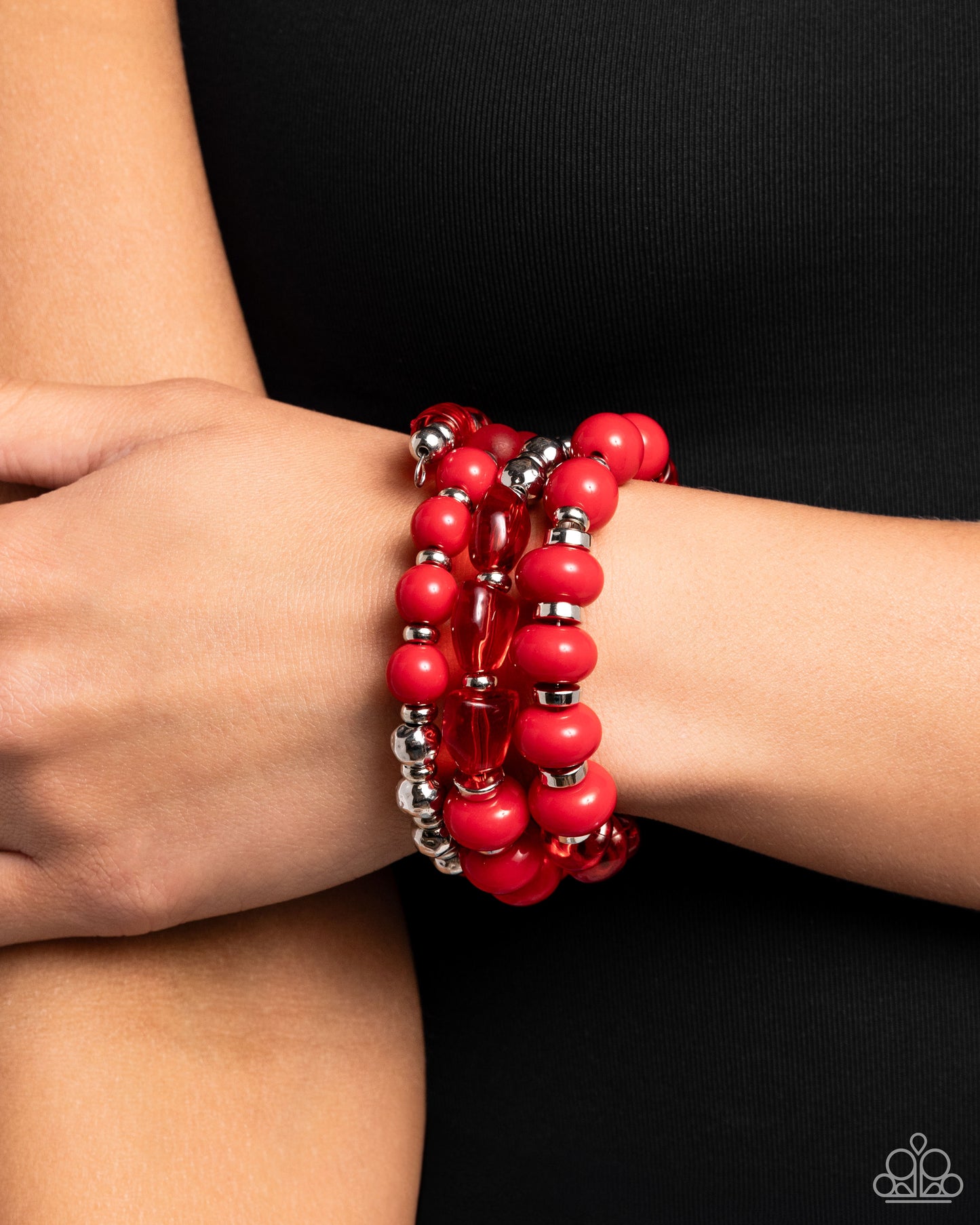 Colorful Charade - Red Beads & Silver Accents Paparazzi Coil Bracelet