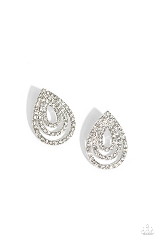 Red Carpet Reverie - White Dainty Rhinestone Encrusted Teardrop Frame Paparazzi Earrings