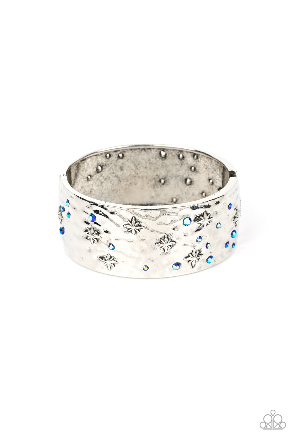 Across the Constellations - Blue Iridescent Rhinestones & Dainty Silver Stars Paparazzi Hinge Bracelet