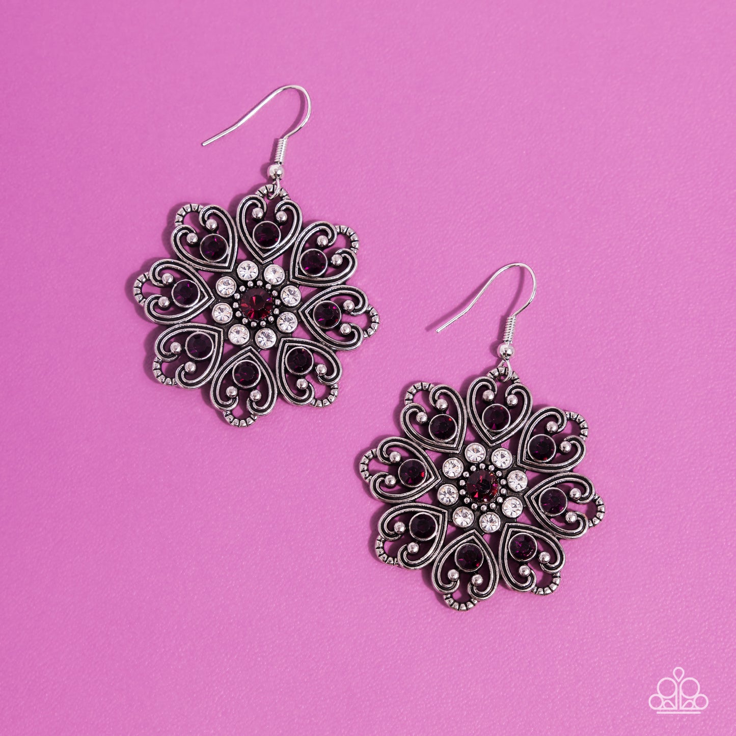 Garden of Love - Purple Rhinestones & Silver Heart-Shaped Petals Paparazzi Earrings