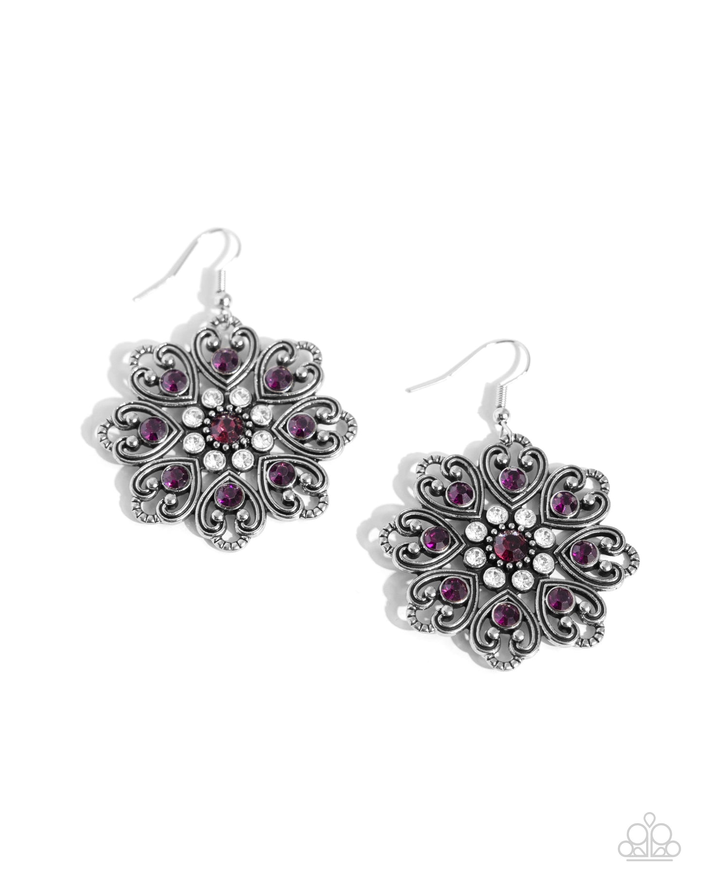 Garden of Love - Purple Rhinestones & Silver Heart-Shaped Petals Paparazzi Earrings