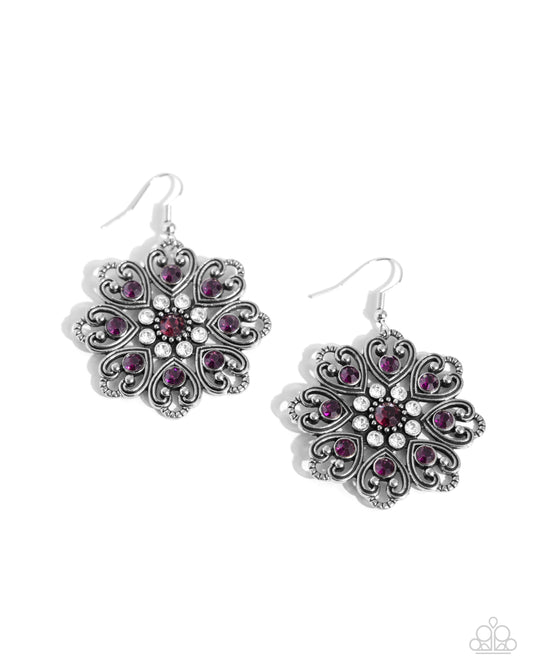 Garden of Love - Purple Rhinestones & Silver Heart-Shaped Petals Paparazzi Earrings