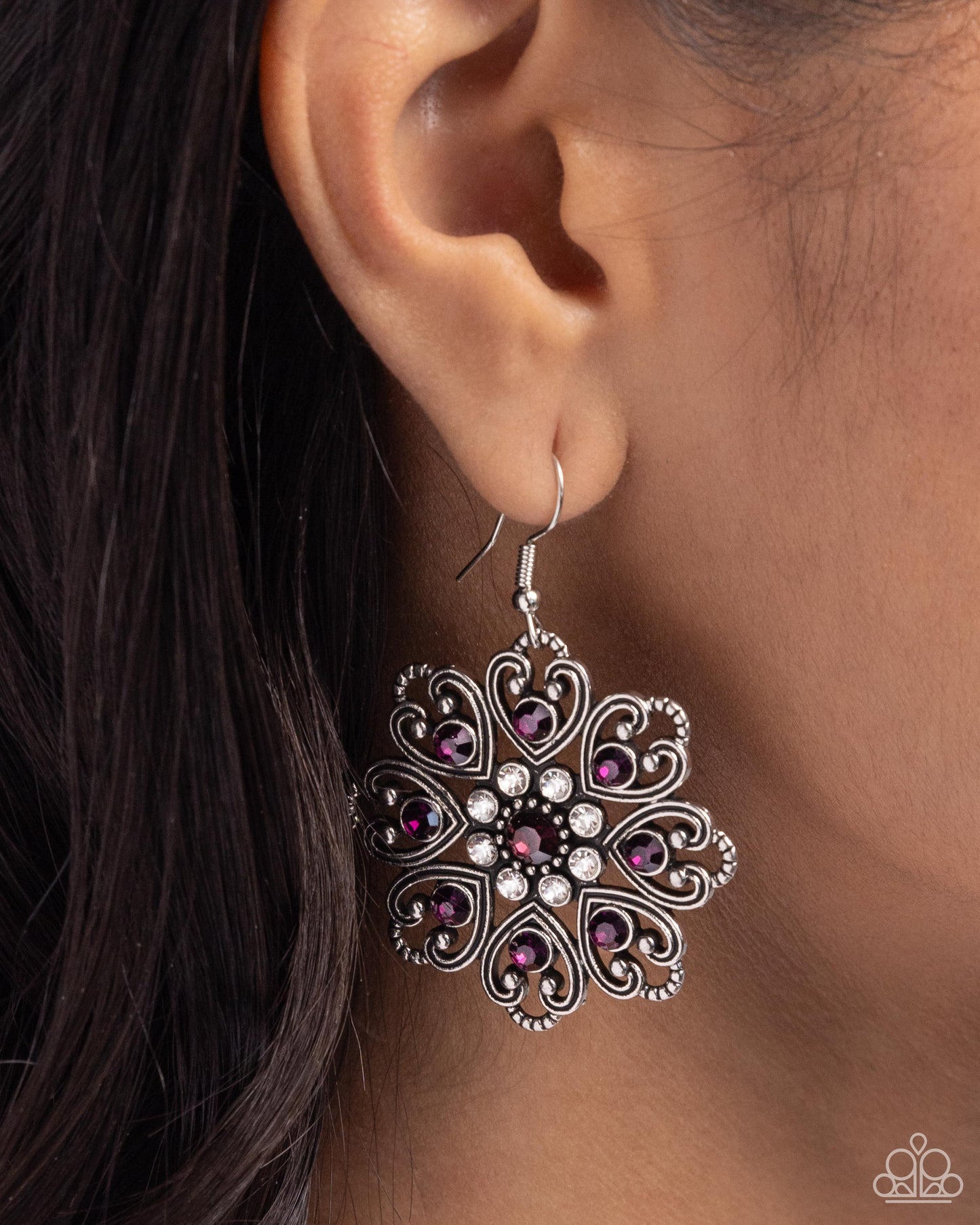 Garden of Love - Purple Rhinestones & Silver Heart-Shaped Petals Paparazzi Earrings