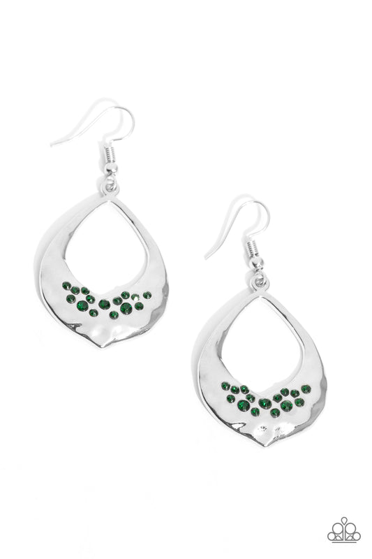 CACHE Reserve - Green Rhinestones & Hammered Silver Frame Paparazzi Earrings