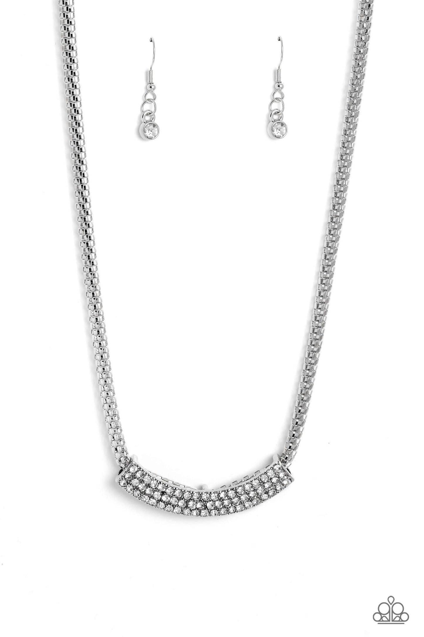Swing Dance Dream - White  Dainty Rhinestones/Curved Pendant Paparazzi Necklace & matching earrings
