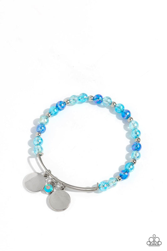 Bodacious Beacon - Blue & Turquoise Iridescent Beads/Silver Disc Charms Paparazzi Charm Bracelet