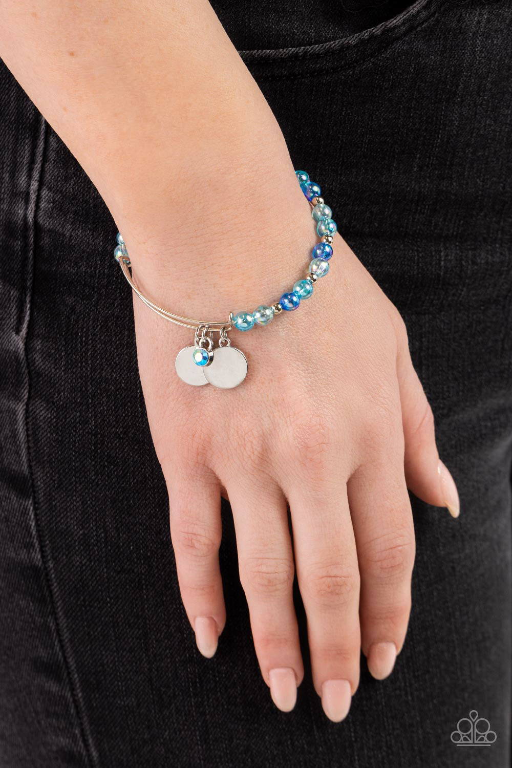 Bodacious Beacon - Blue & Turquoise Iridescent Beads/Silver Disc Charms Paparazzi Charm Bracelet