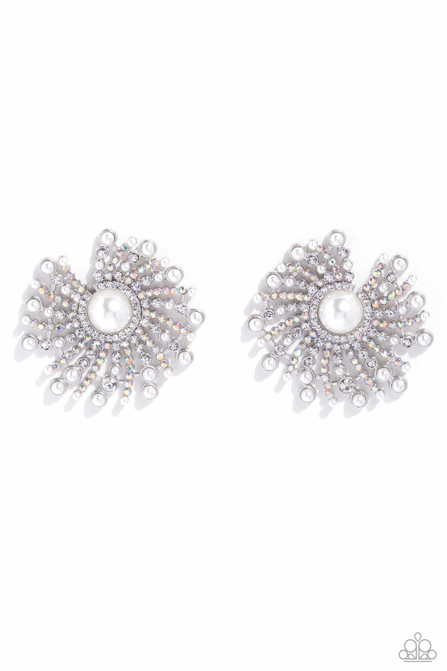 Fancy Fireworks - White Pearl Center/White & Iridescent Rhinestone Firework-Like Strands Paparazzi Earrings