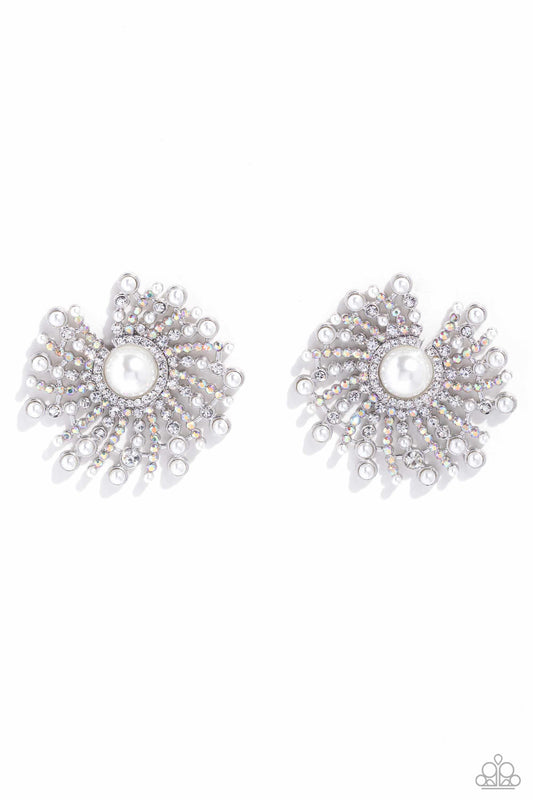 Fancy Fireworks - White Pearl Center/White & Iridescent Rhinestone Firework-Like Strands Paparazzi Earrings