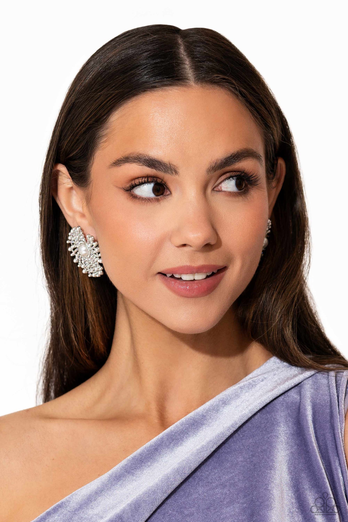 Fancy Fireworks - White Pearl Center/White & Iridescent Rhinestone Firework-Like Strands Paparazzi Earrings