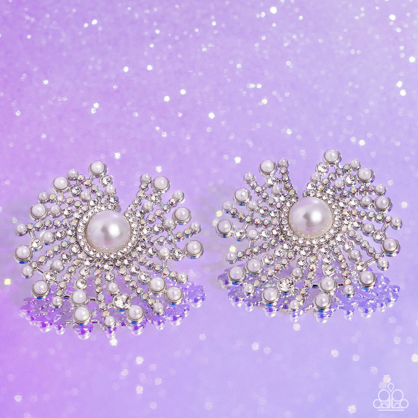Fancy Fireworks - White Pearl Center/White & Iridescent Rhinestone Firework-Like Strands Paparazzi Earrings