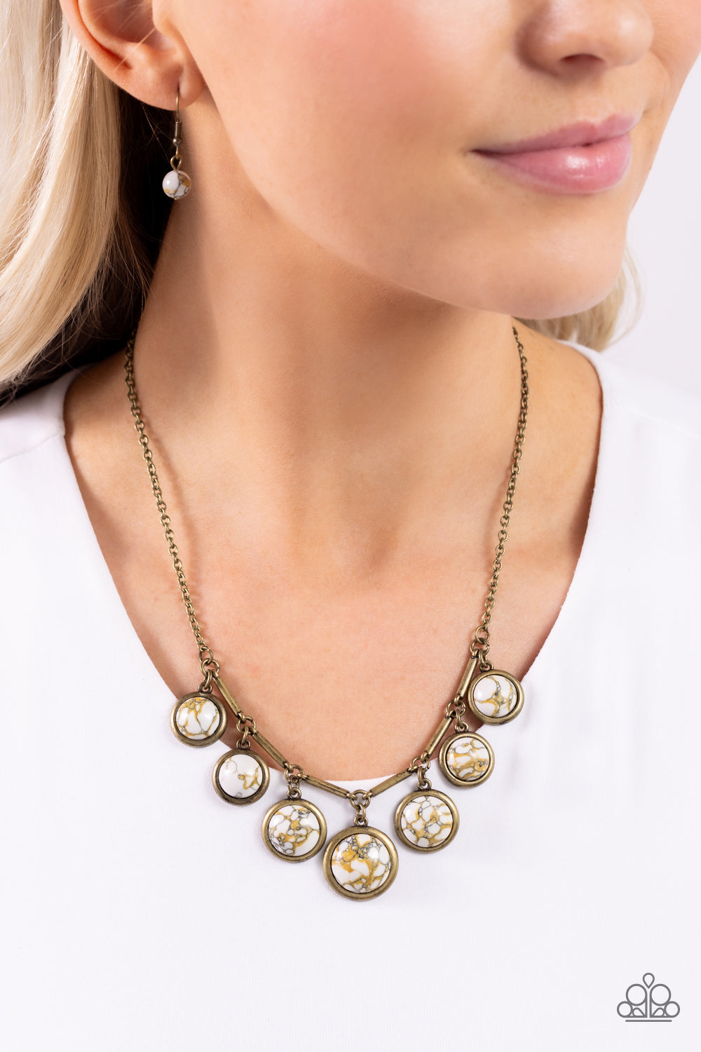 Rustic Recognition - Brass Frames/White Marbled Stones Paparazzi Necklace & matching earrings