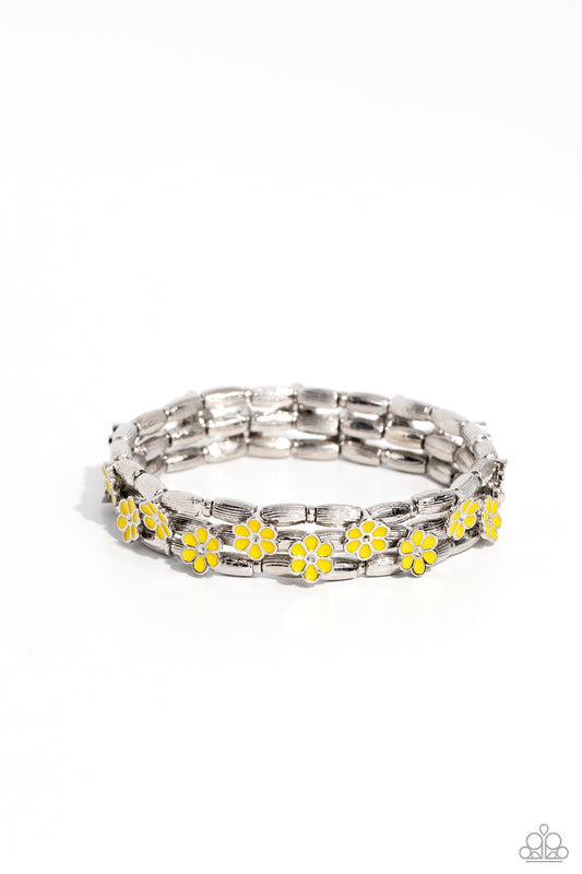 Scattered Springtime - Yellow Flowers/Textured Cylindrical Beaded Paparazzi Stretch Bracelet