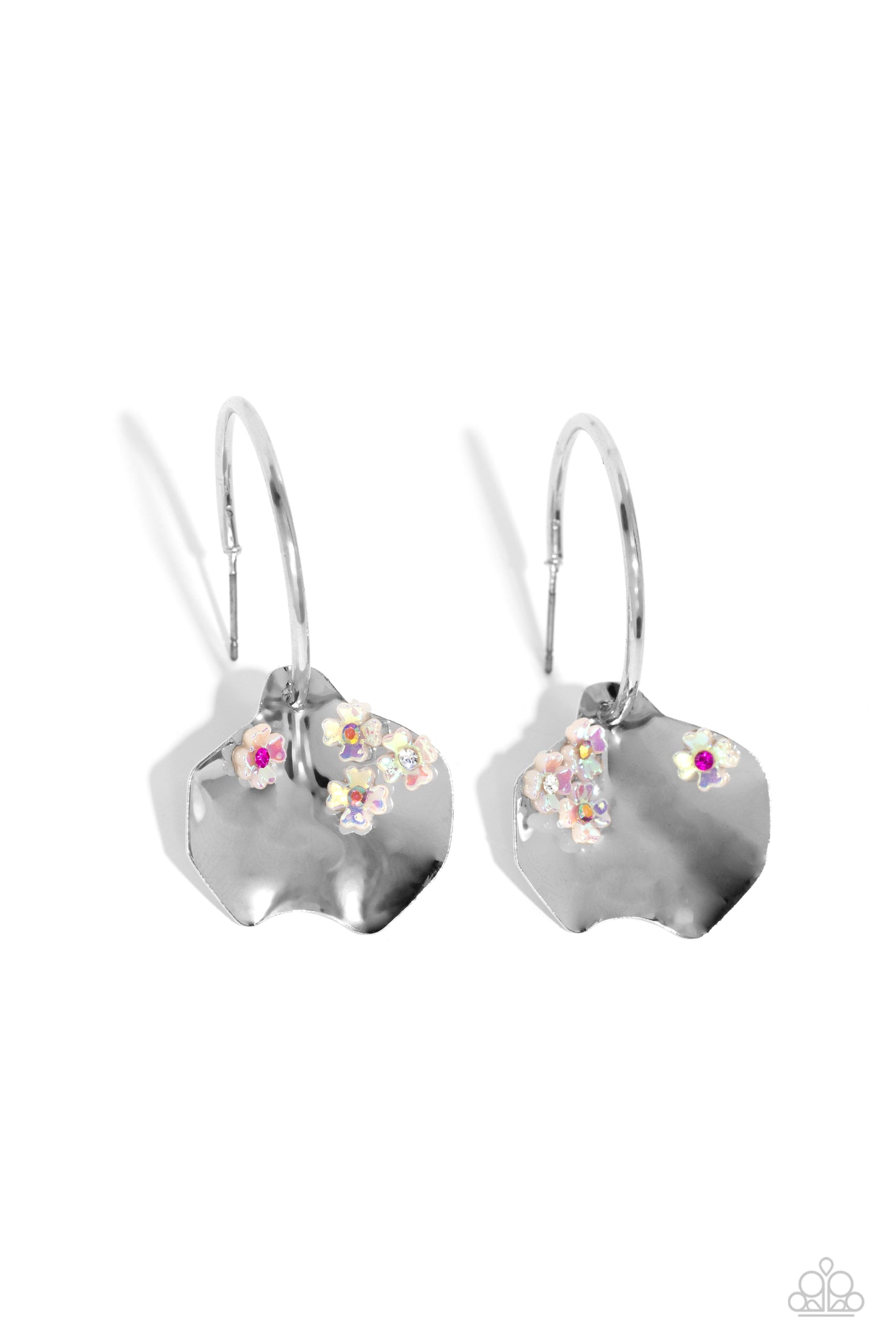 Majestic Mermaid - Pink Iridescent Flowers/Warped Silver Disc Paparazzi Earrings