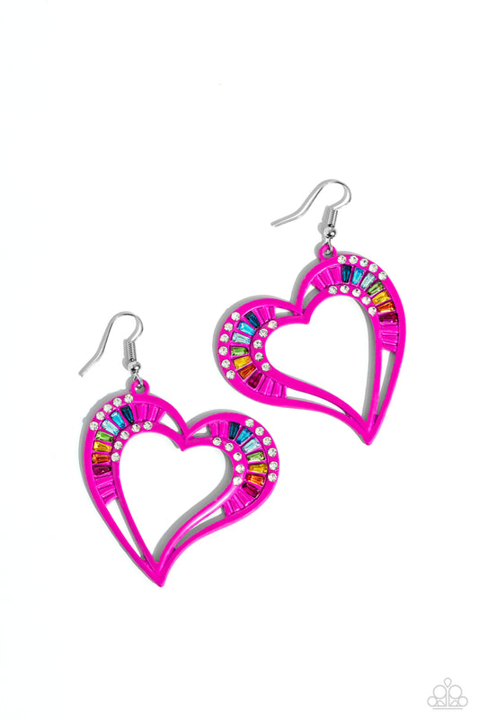 Embellished Emeralds - Pink Heart Frame & Multicolored Emerald-Cut Gems Paparazzi Earrings