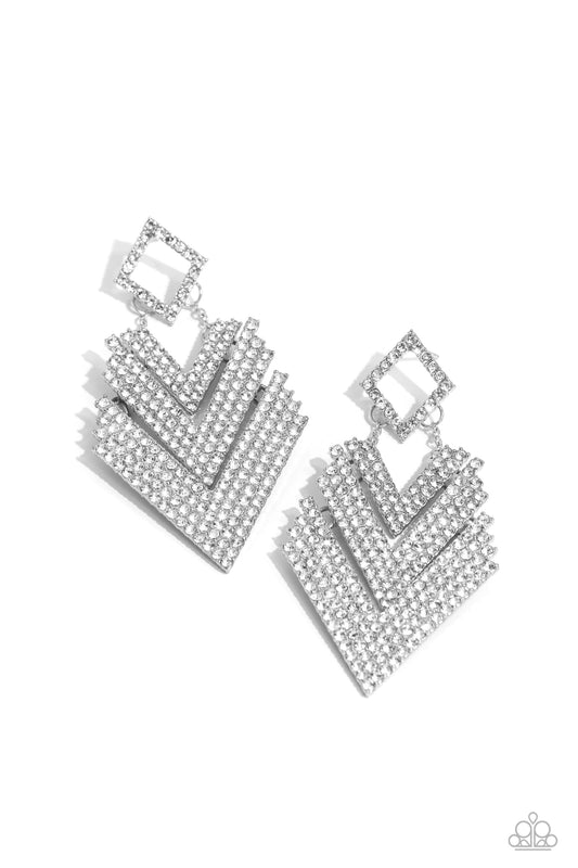 Cautious Caliber - White Rhinestone V-Frames Paparazzi Earrings