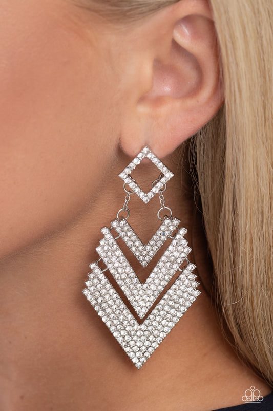 Cautious Caliber - White Rhinestone V-Frames Paparazzi Earrings