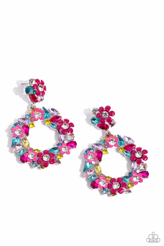 Wreathed in Wildflowers - Multi Colored Gems/Pink Flowers Paparazzi Earrings