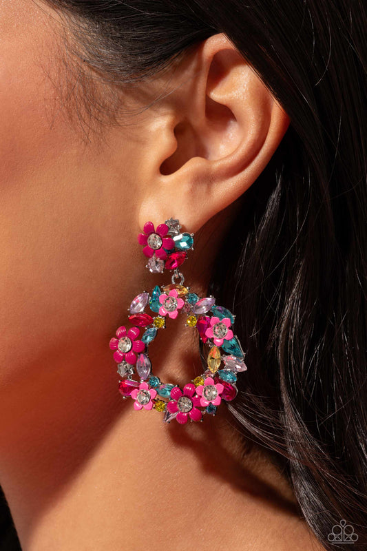 Wreathed in Wildflowers - Multi Colored Gems/Pink Flowers Paparazzi Earrings