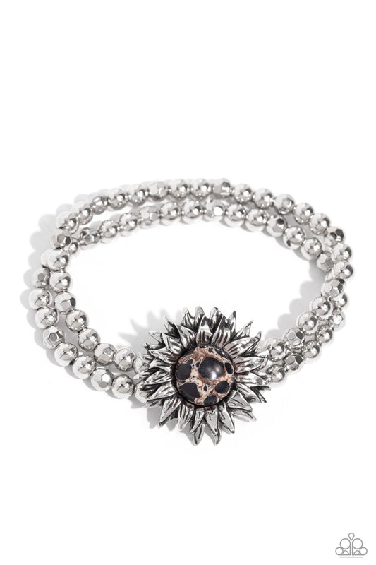 Sunflower Serenity - Black Stone & Silver Petals Paparazzi Stretch Bracelet