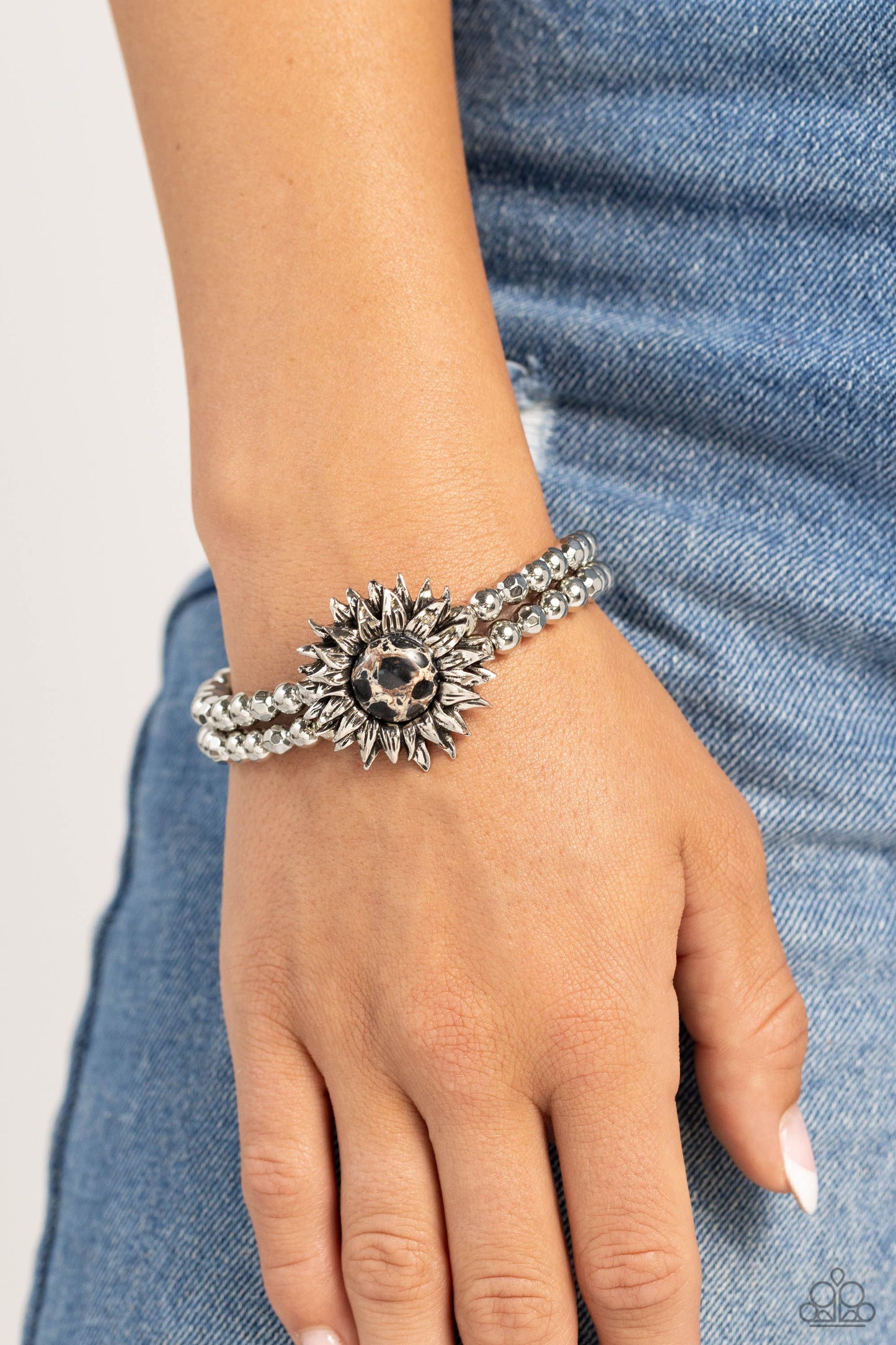 Sunflower Serenity - Black Stone & Silver Petals Paparazzi Stretch Bracelet