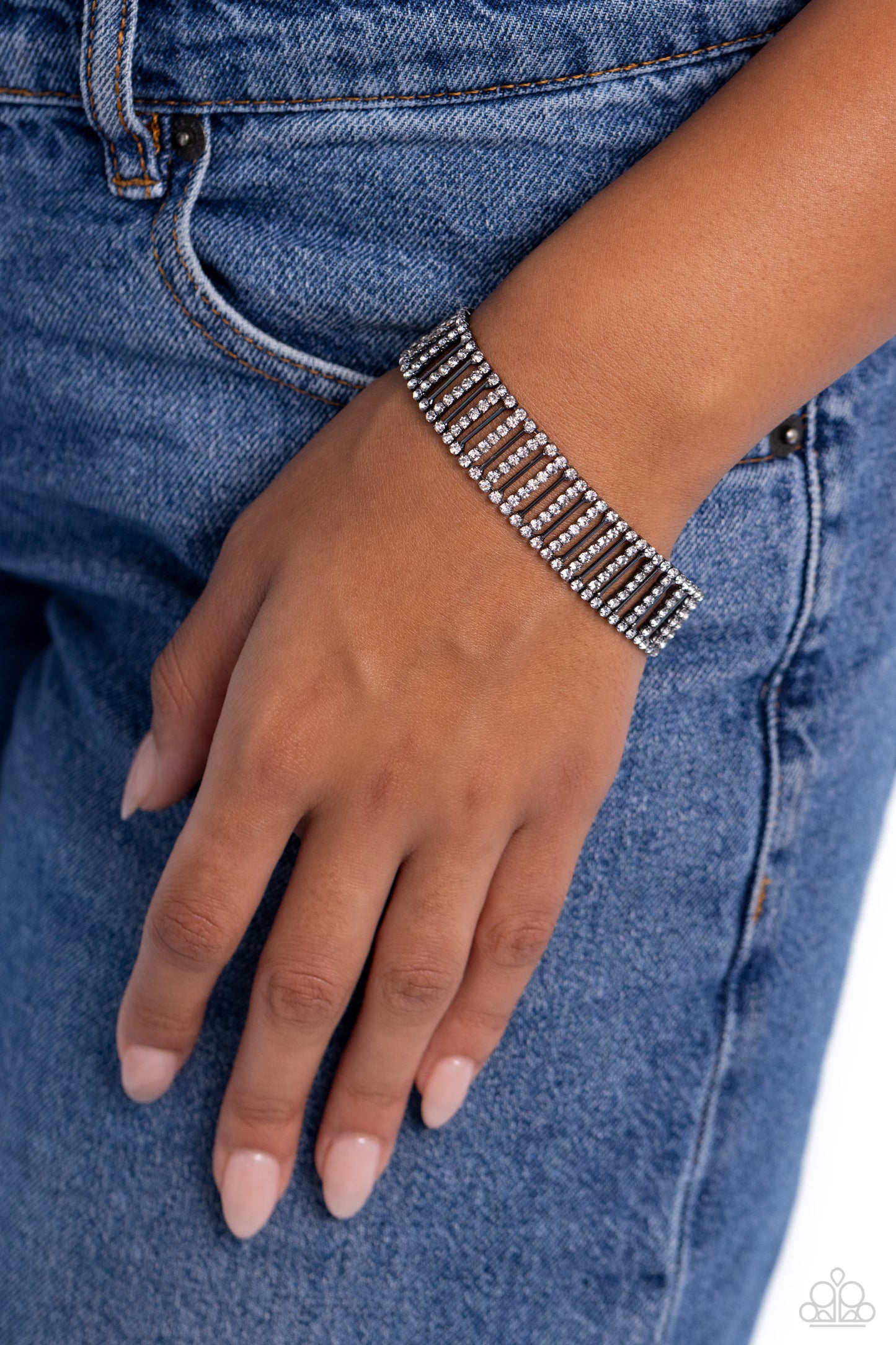 Elusive Elegance - Gunmetal Bars & White Rhinestones Paparazzi Adjustable Bracelet