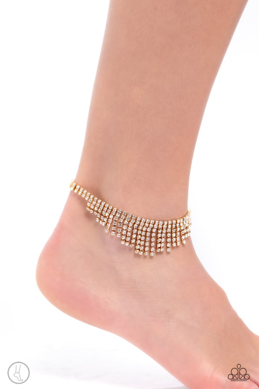 Curtain Confidence - Gold Box Chain & White Rhinestone Paparazzi Anklet