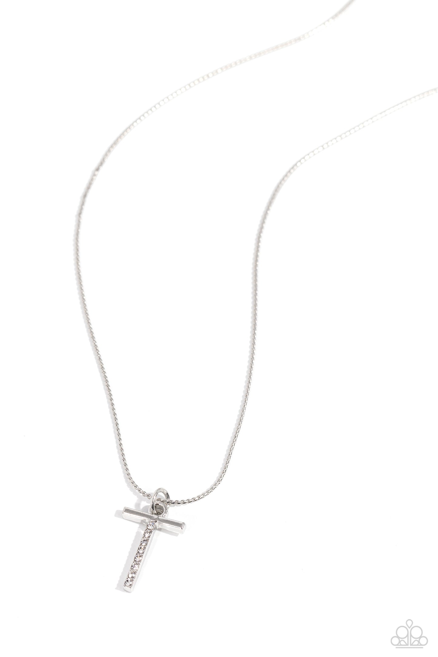 Letter of the Law - White Rhinestone Embellished "T" Pendant Paparazzi Necklace & matching earrings
