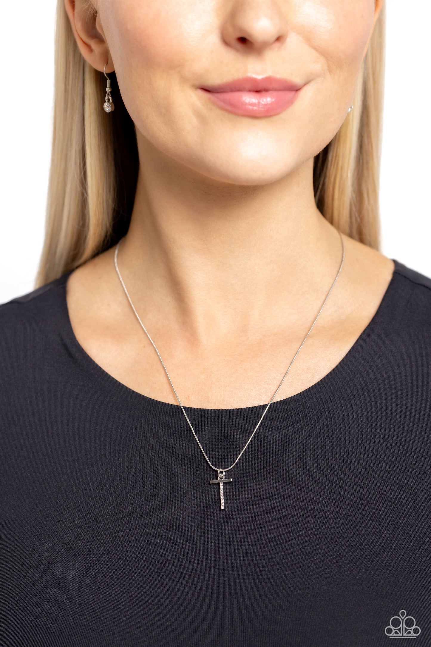 Letter of the Law - White Rhinestone Embellished "T" Pendant Paparazzi Necklace & matching earrings