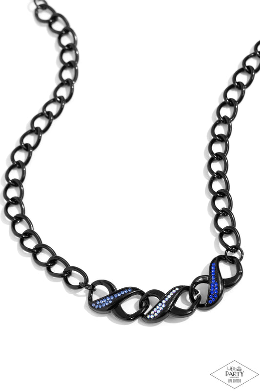 Infinite Impact - Multi Blue Iridescent Rhinestones/Interlinked Infinity Charms Paparazzi Necklace & matching earrings