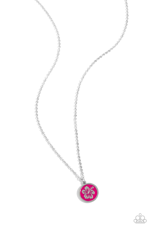 Beachy Basic - Pink Painted/Silver Hawaiian-Inspired Flower Pendant Paparazzi Necklace & matching earrings