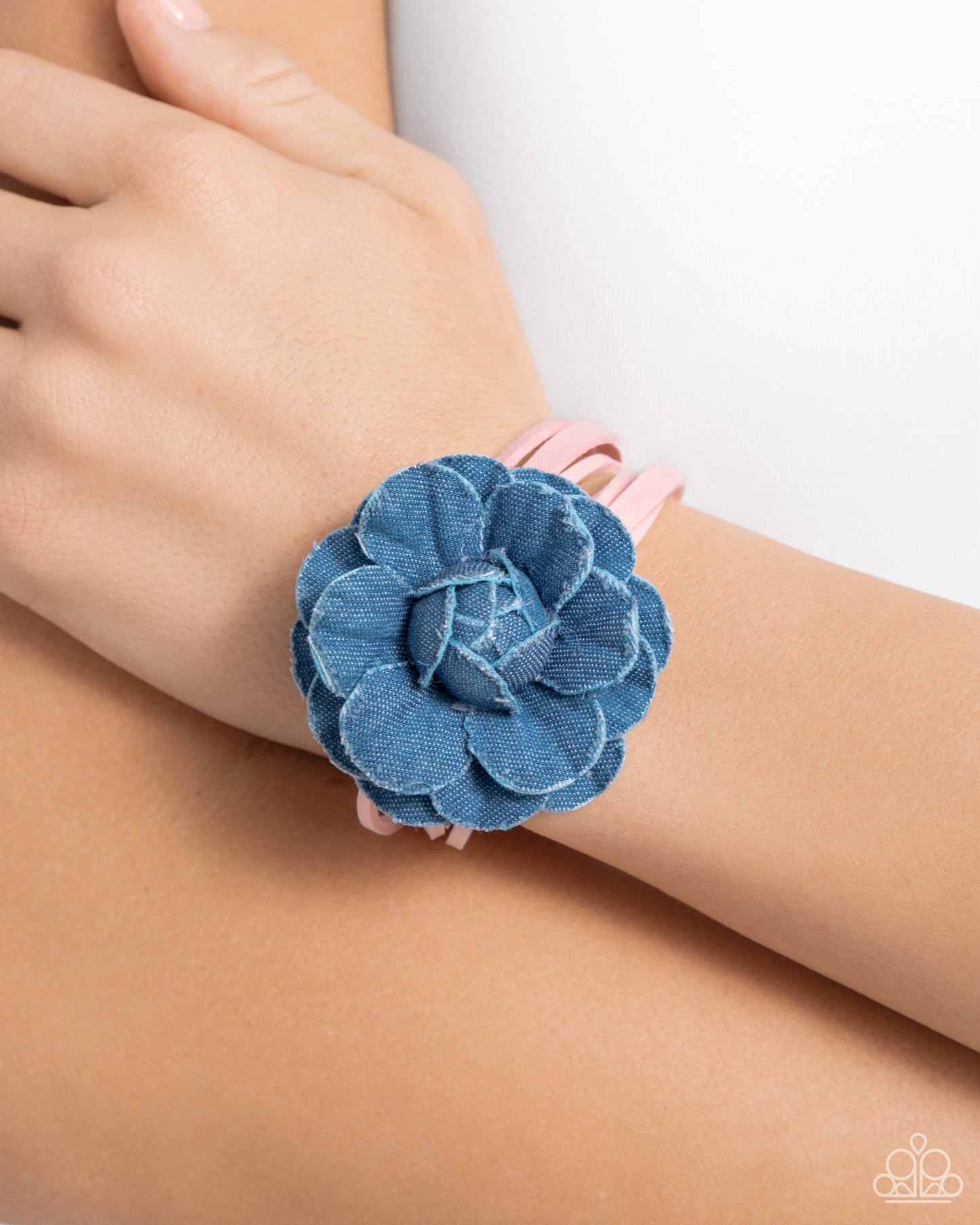 Garden Genre - Pink Suede & 3D Oversized Denim Rose Paparazzi Adjustable Bracelet