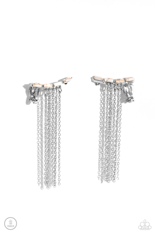 Fault Line Fringe - White Stone & Silver Chain Fringe Paparazzi Ear Crawler Earrings