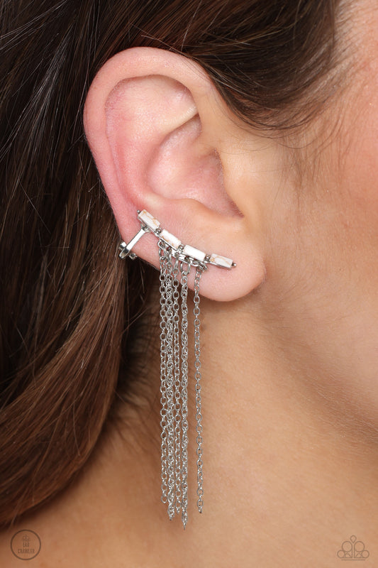 Fault Line Fringe - White Stone & Silver Chain Fringe Paparazzi Ear Crawler Earrings