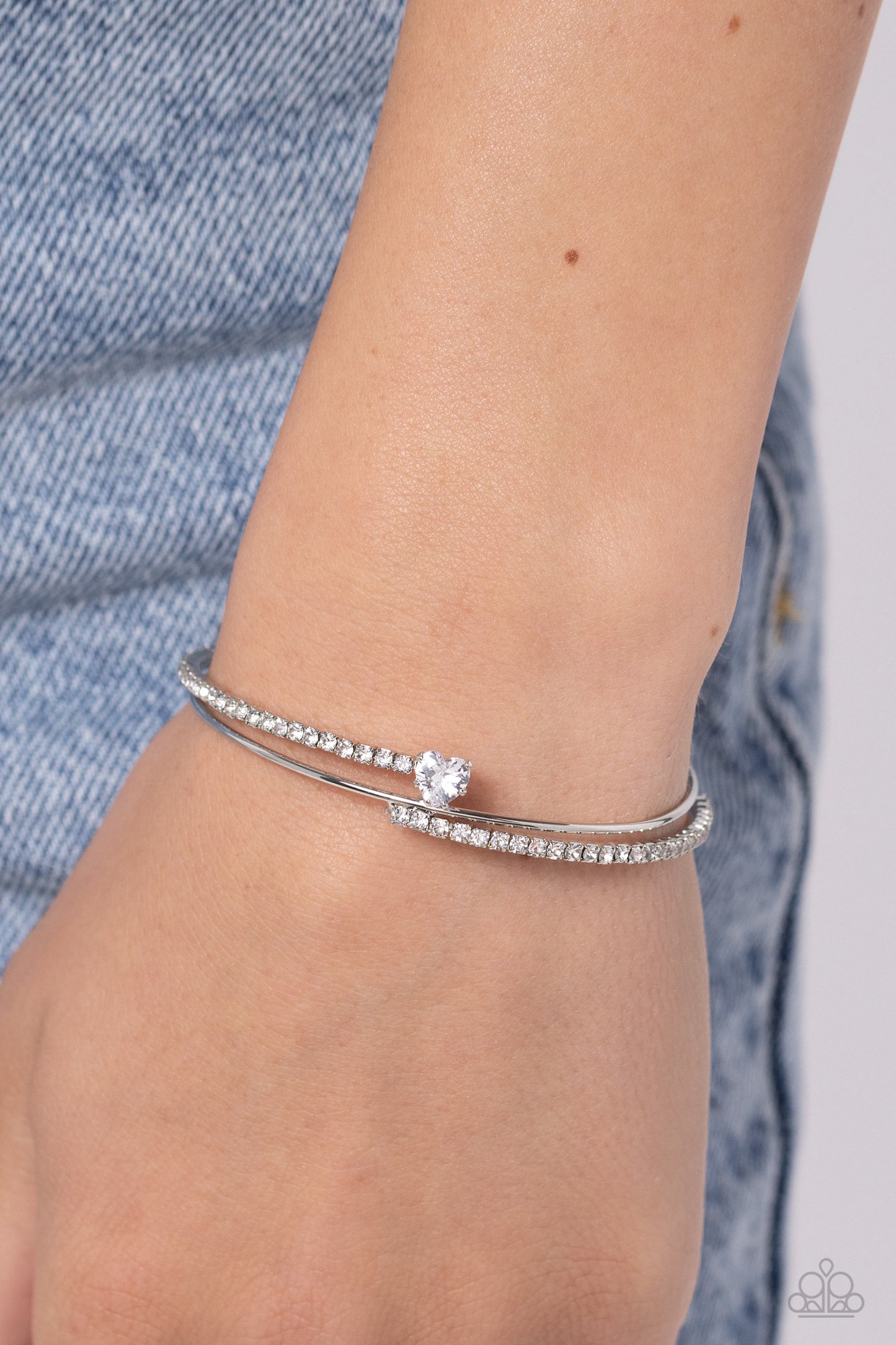 Sensational Sweetheart - White Rhinestone Cuff & White Gem Heart Paparazzi Bracelet