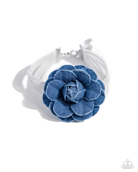 Garden Genre - White Suede & Oversized Denim Rose Paparazzi Adjustable Bracelet