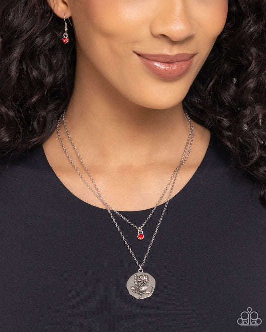 Birthstone Beauty - Red Ruby Rhinestone/Silver Flower Pendant Paparazzi Necklace & matching earrings