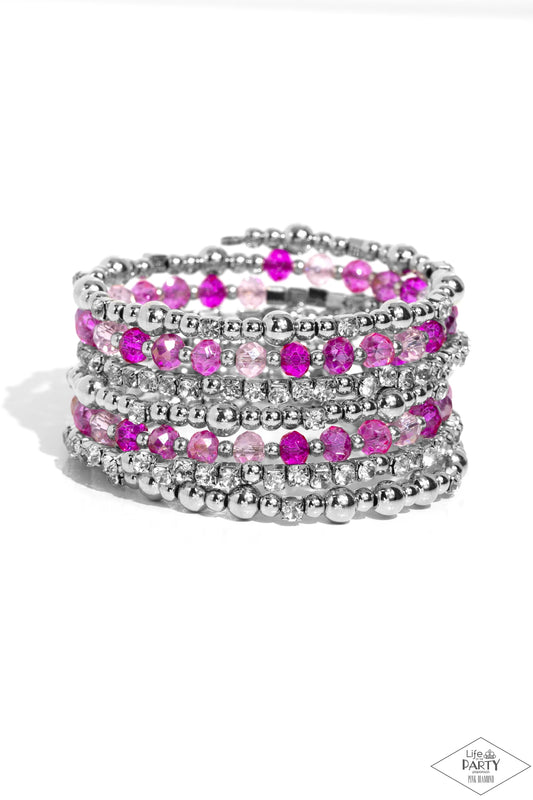 ICE Knowing You - Pink/Silver Beads & White Rhinestones Paparazzi Coil Bracelet