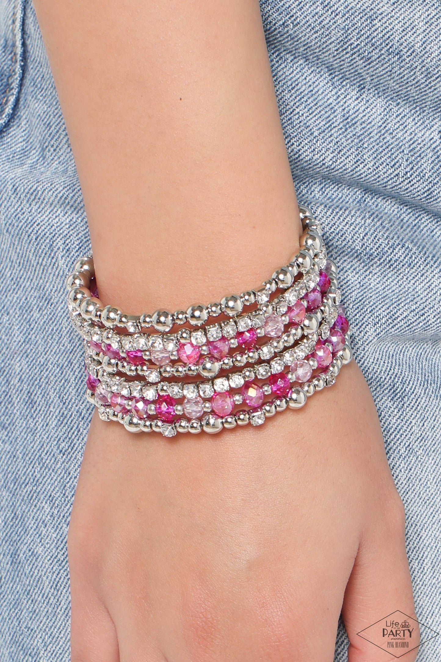 ICE Knowing You - Pink/Silver Beads & White Rhinestones Paparazzi Coil Bracelet