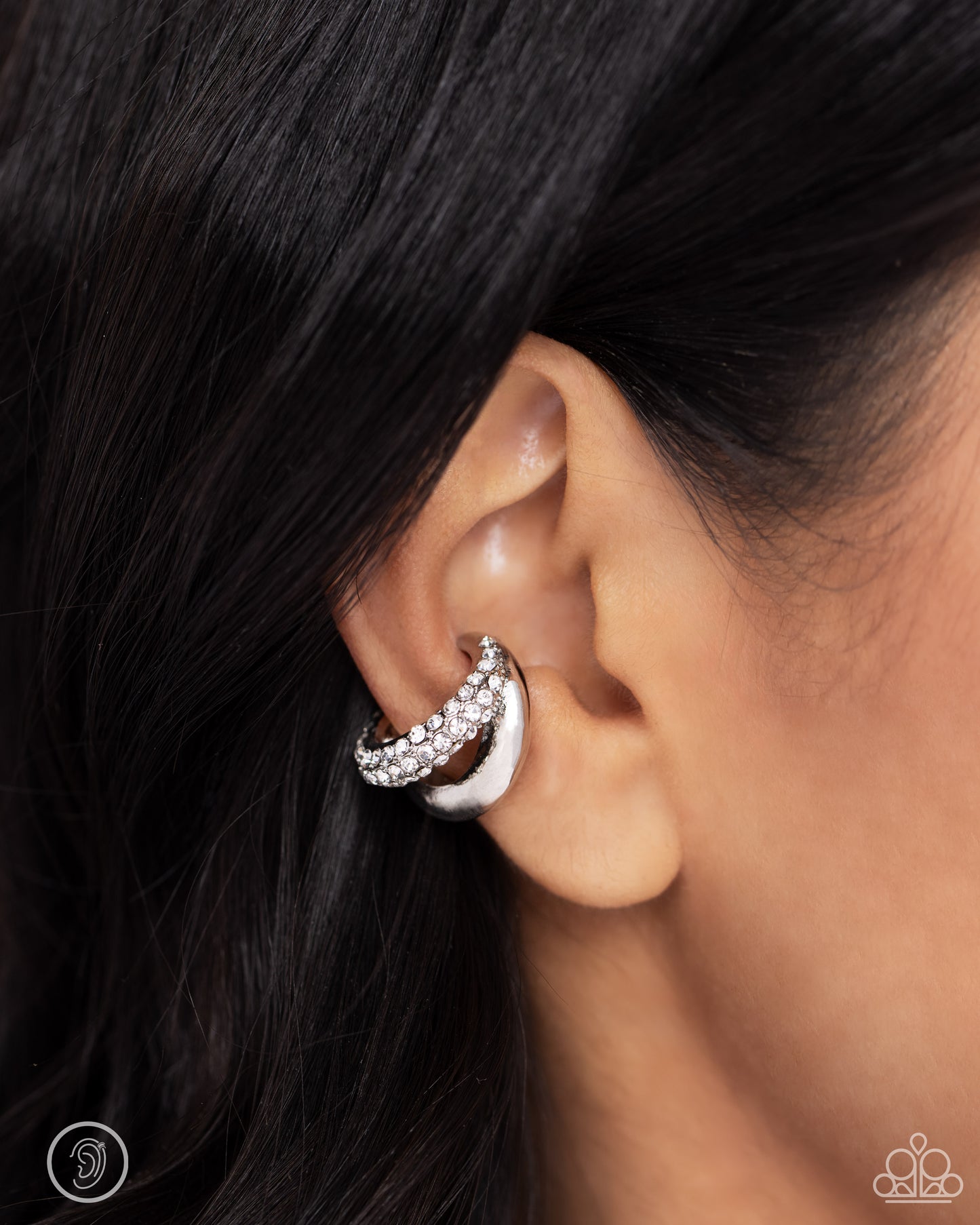 Sizzling Spotlight - White Rhinestone Embossed Paparazzi Ear Cuff Earrings